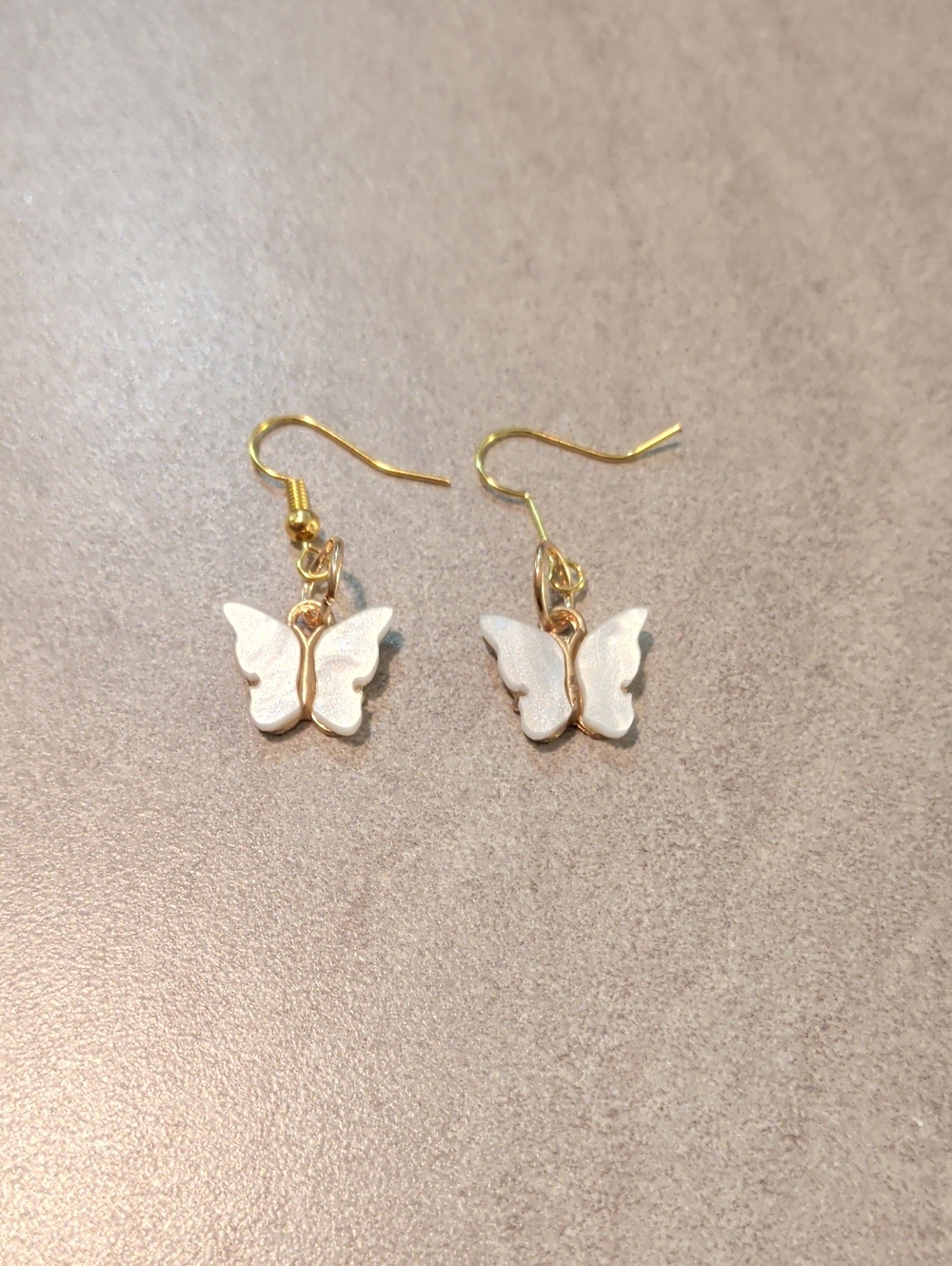 Gold Butterfly Drop Earrings with White Accents